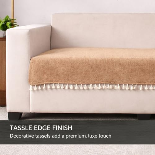 Image of STITCHNEST Beige Chenille Sofa Cover 70x60 Inch - Soft, Durable & Textured Fabric with Tassels | Full Coverage Sofa for Living Room, Bedroom, or Drawing Room7