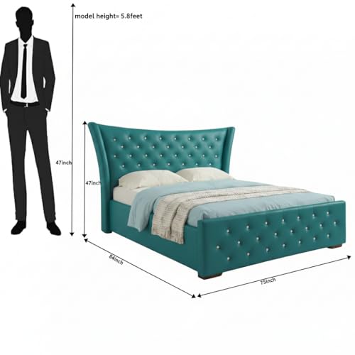 Image of Pearl Upholstered King Size Bed with Box Storage for Bedroom | Elegant Wooden Double Bed with Storage | Platform Cot Palang with Tufted Headboard, 6.5 x 6 Ft,Sheesham Wood | Light Blue