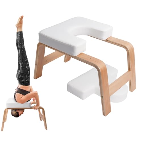 QVEEQ Yoga Headstand Bench Yoga Inversion Chair Headstand Trainer with Wood Frame and Pu Pad Stand Yoga Chair Stress Relief Balance Training Body Shaping Load Capacity 300 Pounds (Wood White)