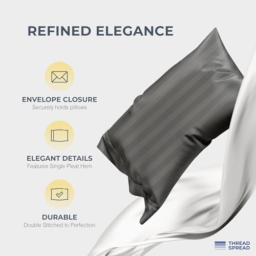 Image of THREAD SPREAD 100% Egyptian Cotton Damask Sheets Queen Size - Luxury 1500 Series Queen Sheet Set Egyptian Cotton (4 PC, Dark Grey Stripe), Silky Soft, Sateen & Cooling, 17 inch Deep Pocket Bed Set