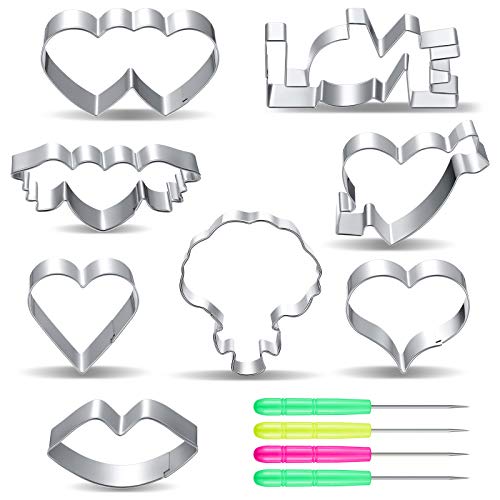 12 Pieces Valentine's Day Wedding Heart Cookie Cutter Set 8 Pieces Stainless Steel Different Shape Biscuit Cutter 4 Pieces Sugar Stir Needle With Arrow Double Heart Lips Love Flower Bouquet Shape #TOP4