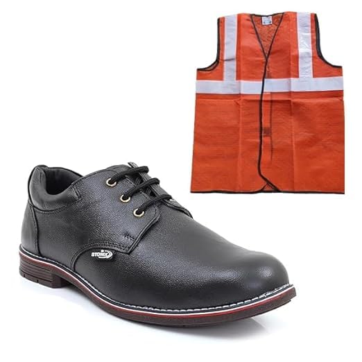 Image of STONIX Formal Leather Safety Shoes Men's and Safety Jacket's with Combo | Steel Toe & Reflect Strip Jacket | Lightweight TPR Sole| Net Fabric Material Jacket, (Shoes Size-10), (Size Free Jacket)