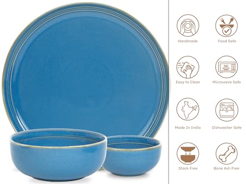 Image of Bodhi House Handcrafted Chip Resistance Porcelain Dinner Set, 14 Pieces Dish Set Serving for 6, Microwave and Dishwasher Safe, Bone-ash Free, Crockery Set for Dining and Gifting, Mid Blue