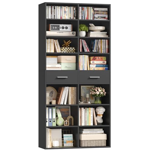 HOCSOK Bücherregal, 185,5 cm Hoch Standregal mit 2 Schubladen, Regal mit 8 Ebenen, Bücherschrank Vitrinenschrank Offenes Aufbewahrungsregal für Arbeitszimmer, Büro, Wohnzimmer, Schlafzimmer