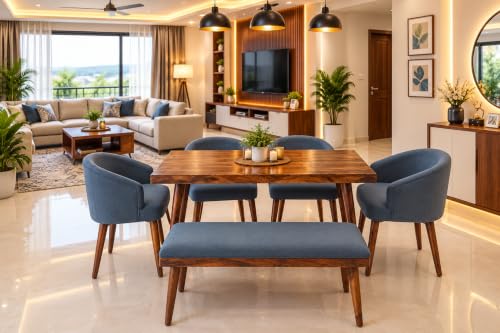 Image of DaneWood Wooden Dining Table 6 Seater | Six Seater Dinning Table with Upholstered 4 Dining Chairs & 1 Bench for Home | Dining Room Sets for Restaurants | Sheesham Wood | Honey Finish & Grey