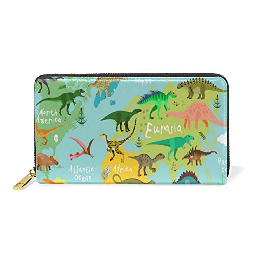 GIGIJY - Cartera larga con diseño de mapa del mundo de dinosaurio para mujer, de piel auténtica, con cremallera, multicolor, Talla única