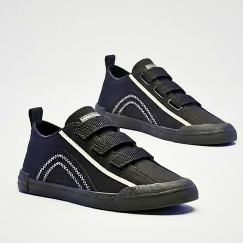 Image of Men's Black Canvas Sneakers - Stylish Casual Shoes with Non Tie Elastic Laces | 7mm Memory Foam & EVA Insole | Lightweight & Comfortable Everyday Footwear (Sizes 6-10)