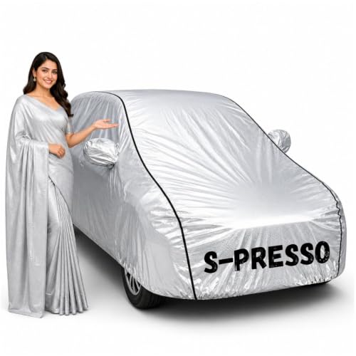 Image of Waterproof Car Body Cover for S-Presso All Weather Protection Comes with Inner Cotton Lining & Triple Stitched with Mirror & Antenna Pocket Belt & Elastic Fit Metallic Silver with Black Piping1