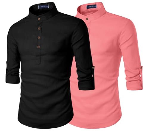 Image of Zombom Men's Combo Cotton Polyester Blend Solid Full Sleeve Straight Regular Fit Mandarin /Chinese Collor Kurta (Pack of 2)