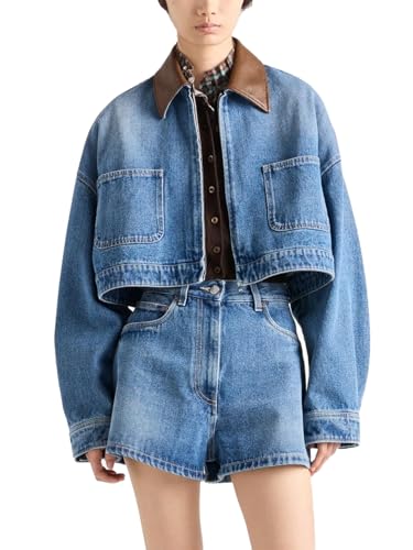 Women Cropped Denim Jacket Zip-up Faux Leather Lapel Washed Casual Fall Jean Coats