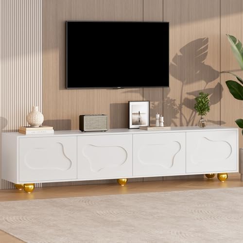 Merax Meuble TV bas pour téléviseur jusqu'à 75" - 180 cm de long - Avec 2 armoires - Porte d'armoire au design nuages de dessin animé - Console multimédia pour salle à manger, salon - Blanc