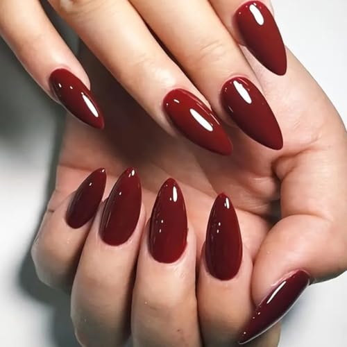 OUDQFCJ Paquete de 24 uñas postizas cortas ovaladas de color rojo y marrón, uñas postizas de almendra, pegamento para uñas cortas, uñas acrílicas, uñas de gel, uñas