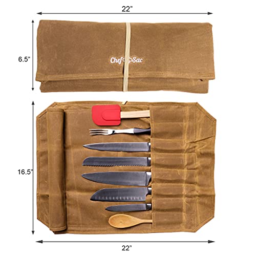 Chef Knife Waxed Canvas Knife Roll Bag| 8 Pockets For Knives & Kitchen Utensils Waterproof Material | Great Gift For Executive Chefs & Culinary Students (Light Brown) #TOP6