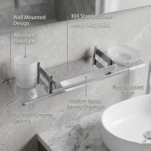 Image of USF Stainless Steel Wall Mount Shelf for Kitchen & Bathroom, Multipurpose Storage Rack for Spices, Toiletries, Shampoo & Home Organizer, Space Saving Design, Easy Install, Chrome Finish- Pack of 1