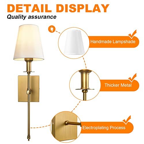 Passica Decor Modern Antique Brass Wall Sconces Set Of Two 2 Pack With Vertical Rod And White Fabric Flared Shade,Versatile Used In Bathroom Vanity Stairway Fireplace Kitchen Sink Living Room Bedroom #TOP3