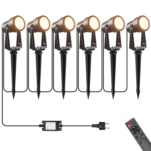 LONIUTO Illuminazione da giardino con alimentazione 23M, 3W*6 pezzi Faretti da esterno con Funzione telecomando e timer 3000K Bianco caldo, IP65 Impermeabili per sentieri, prati, cortili, terrazze