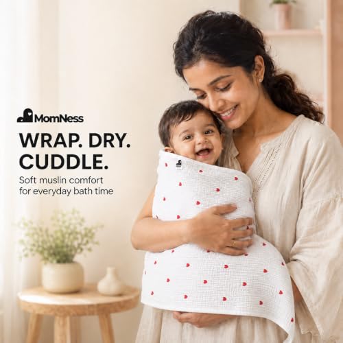 Image of 100% Cotton Muslin Baby Bath Towel, 110 x 55 cm, Crinkle Muslin, 0-3 Years, Heart