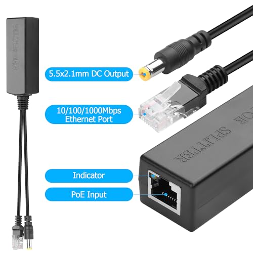 YACSEJAO POE 48V a DC 12V/2A Convertidor Power Over Ethernet | Divisor Gigabit PoE, RJ45 a enchufe 5.5mm×2.1mm, para cámaras de seguridad, AP inalámbricos, routers miniatura 4