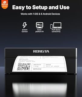 Rongta Bluetooth Shipping Label Printer, Wireless 4x6 Thermal Label Printer for Shipping Packages, Support Android, iPhone, Widely Used for Amazon, Ebay, Shopify, Etsy, UPS, Black