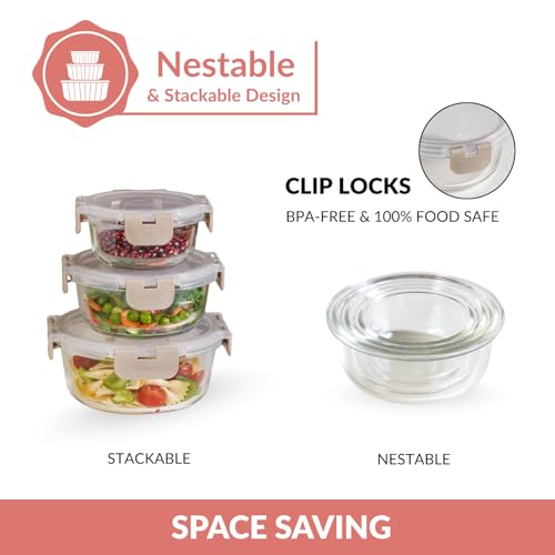 Image of Nestasia Nestro Airtight Glass Containers with Lid Set of 3 (215ml, 400ml, 600ml) | Spill Proof Round Glass Containers with Break Free Lock - Microwave, Dishwasher & Freezer Safe (Beige)