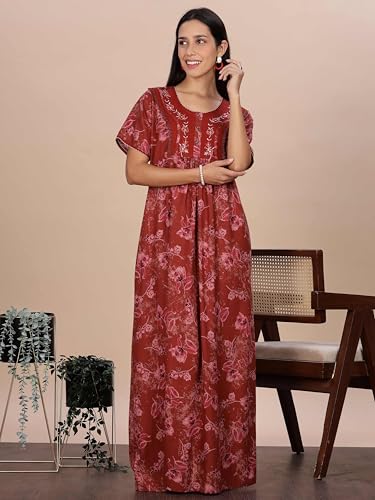 Image of 9shines Label Stylish Alpine Nighty Maxi for Women | Full Length Trendy Nightgown | Premium Nightdress | Nightwear | Embroidery Nighty with Pockets (2892)