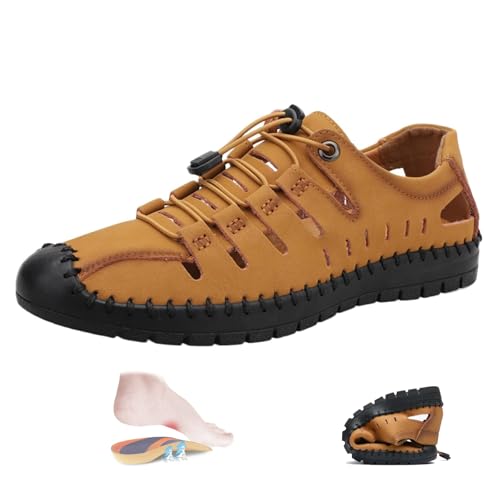 Men's Stylish Summer Breathable Sandals, 2025 Mens Leather Sandals Handmade Anti-Slip Flat Closed Toe Waterproof Shoes for Walking
