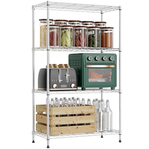 M MZG Étagère Métallique à 4 Étages, Capacité de Charge Totale 454 kg, Étagère de Rangement en Acier pour Garage, Cave, Cellier, Buanderie et Garde-Manger, Chromé foncé, 35×75×120 cm