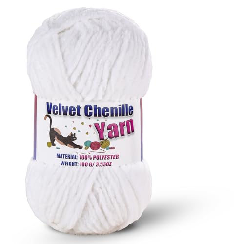 Image of Fluffy Chenille Yarn for Crocheting, Chunky Velvet Yarn for Crochet Amigurumi, Used for Making Baby Yarns Blanket, Clothes, Pattern Knitting Creations (1-White)