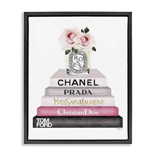 Image of Book Stack Fashion Candle Rose, 16 x 20 Inch Canvas in Floater Frame | Stupell Industries . By Amanda Greenwood . Ready to hang once unboxed . Giftable accent for any room . Made in USA
