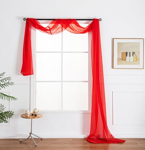 WPM Red Color Extra Long Sheer Window Scarf Valance. 38”W x 216”L Valances Voile Swag for Windows- Living Room, Kitchen, Wedding Arches, Bedroom Décor, Events. Fully Stitched and Hemmed