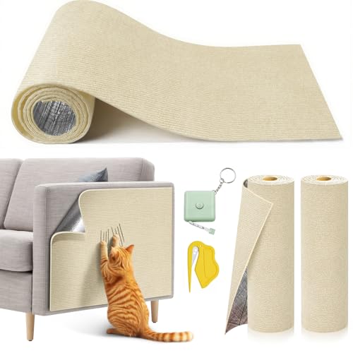 Image of 2 Pcs 40 x 16 in Cat Scratch Furniture Protector with Cutter Slider and Measuring Tape, Trimmable Self-Adhesive Cat Scratch Carpet, Suitable for DIY Cat Tree Stands, Sofas,Cat Tower