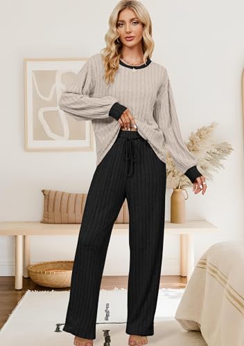 Image of Blooming Jelly Women Ribbed Long Sleeve Pajama Sets Fall Loungewear Pockets