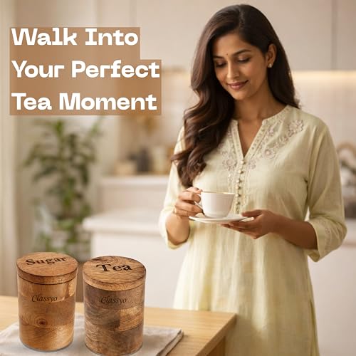Image of Classyo Wooden Tea and Sugar Container Set of 2 with Spoons | Airtight Sugar Tea Container Set | Wooden Kitchen Storage Box with Magnetic Lid (Set of 2)