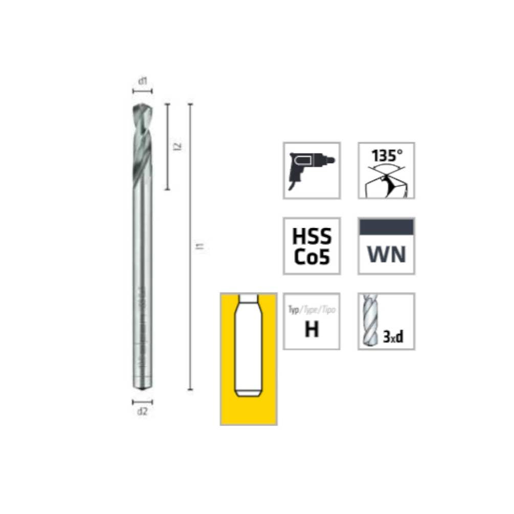 10 Brocas helicoidales HSS Cobalto - Inox, Hardox, Aceros muy duros 135° D. 6 x Lt. 93 x Lu. 28 x Q. 6 mm x Z2 - Diamwood