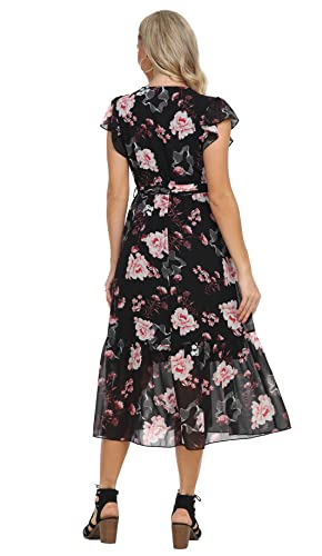 Image of VintageClothing Womens Sundress Casual Floral Summer Boho Dress | Flowy Wrap V Neck Ruffle A-Line Pleated Hem Midi Dresses