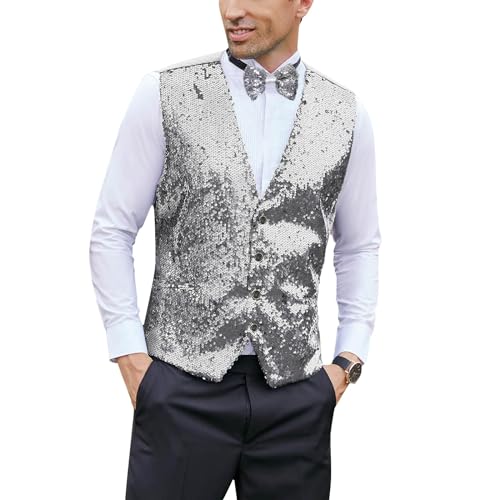 Gilet à paillettes homme sans manches col V ajusté pour smoking