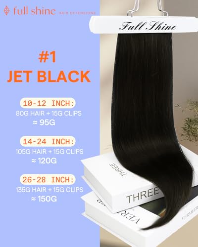 Image of Full Shine Black Clip in Hair Extensions 24 Inch Remy Hair Extensions Clip ins Human Hair Jet Black Natural Hair Clip in Extensions for Long Hair 7 Pieces 120g