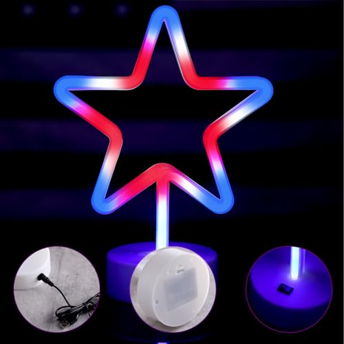 Image of 4 Pcs 4th of July Neon Star Lights, Patriotic LED Neon Star Signs Powered by USB Cable /Battery, Red White Blue Patriotic Light for Home, Tabletop, Window Memorial Day Independence Day Decor