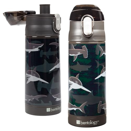 Image of Bentology Stainless Steel 13 Oz Reusable Water Bottle for Kids, Shark | Double Wall Insulated, Spill Proof Lid W /Built-in Straw- Keep Liquids Hot or Cold- Easily Fits in Lunch Boxes & Bags