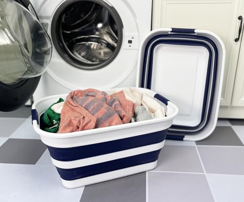Image of SAMMART Collapsible Plastic Laundry Basket with Handle /Foldable Pop Up Storage Hamper /Portable Laundry Organizer-Space Saving Washing Tub /Household Storage (White /Starry Blue, 27L (Set of 2))
