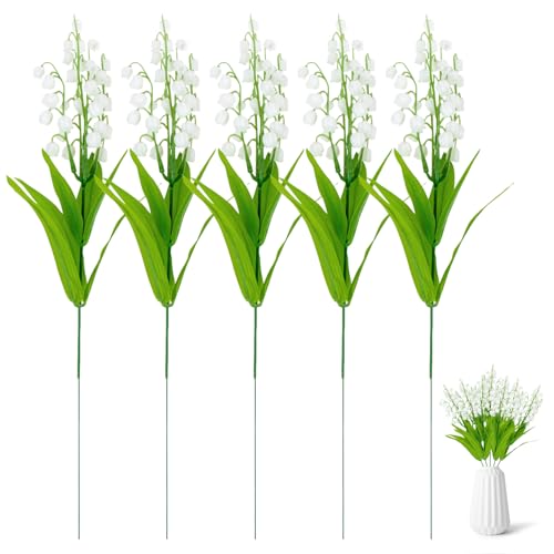 RAINFLOW 5PCS Artificial Flowers for Outdoors Lily of The Valley Plant Outdoor Artificial Flowers Indoor Bridal Wind Chime Orchid Wedding Bouquet Lilies May Flower for Party Home Decoration 13.5IN