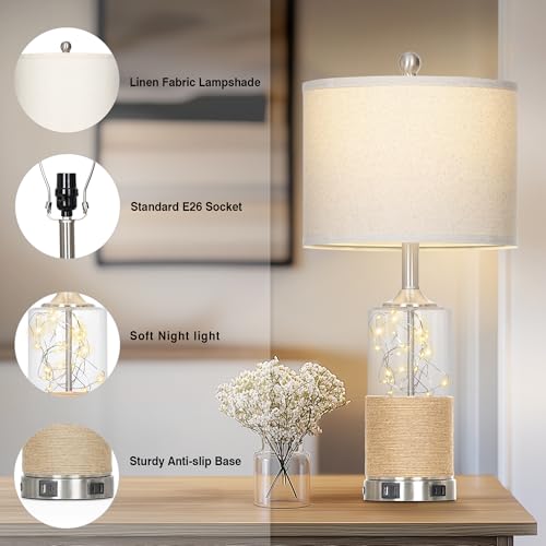 25" Coastal Glass Lamps Set of 2, Touch Control 3-Way Dimmable Night Light Modern Table Lamp with USB A+C Ports & AC Outlets Linen Fabric Shade for Living Room Bedroom Silver Ocean(LED Bulbs Included) - Image 6