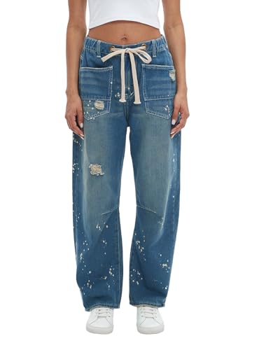 Ladyful Women's Wide Leg Baggy Jeans Drawstring Elastic Mid Rise Denim Pants Vintage Distressed Jeans