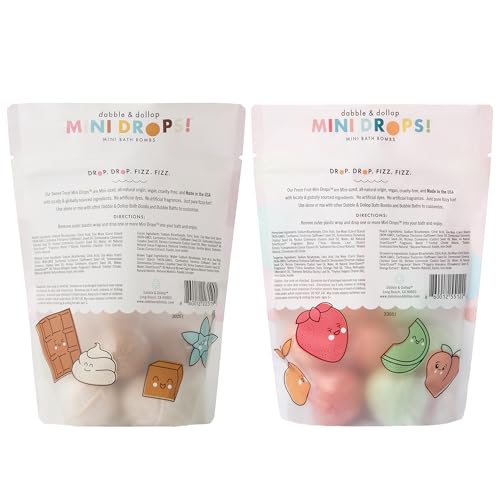 Image of Dabble & Dollop Mini Bath Bombs, Fresh Fruit + Sweet Treat Scents Bundle - Natural Origin, Clean Ingredients, No Synthetic Dyes, Toddler & Kids Bath Bombs in Resealable Pouches (2-Pack)