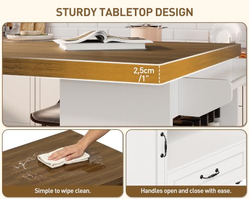 Image of RALGEND Rolling Kitchen Island with 360 Swivel Tabletop, Large Kitchen Island Table with Power Outlet, Mobile Kitchen Island Cart with Storage Cabinets for Kitchen & Office, White and Walnut