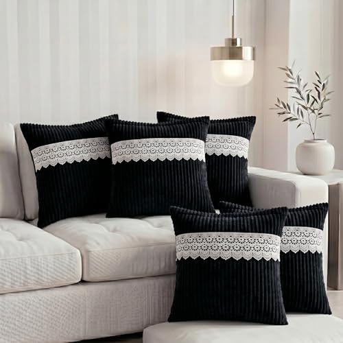 RD TREND® Cushion Cover 24 Inch x 24 Inch | Decorative Lace Trim with Corduroy Double-Sided Striped Sofa Pillow Cover Set of 5 for Living Room & Bedroom Home Décor | Black