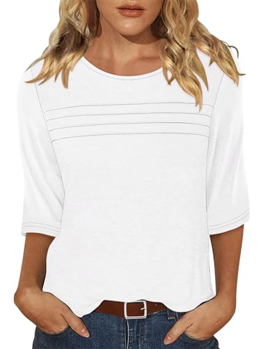 KISSMODA Women's Casual 3/4 Sleeve T-Shirts Round Neck Cute Tunic Tops Basic/Pleated Summer Tops Trendy Spring Blouses