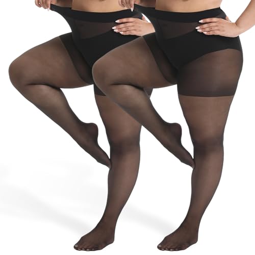 Plus Size Sheer Pantyhose - Ultra Comfy Plus Size Tights, 2 Pack 15D Control Top Pantyhose for Women