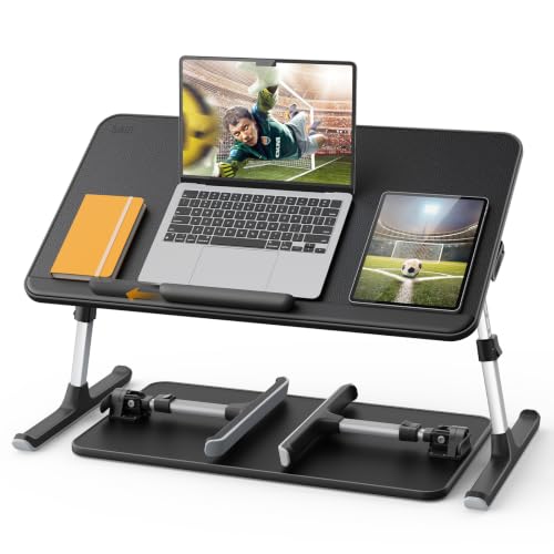 Image of SAIJI Non-Slip Leather Lap Desk Laptop Bed Tray Table, Laptop Stand for Bed | Height & Tilt Adjustable Foldable, Portable Lightweight Bed Table for Writing Eating Reading on Sofa Floor Black 60 * 33cm