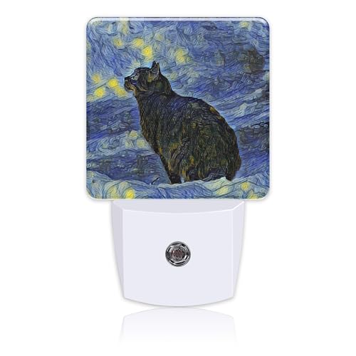 Image of Plug in Night Lights Starry Sky Black cat Painting Nightlight Plug Into Wall Dusk to Dawn Sensor LED Night Light for Kid Girls Boys Room Decor, Hallway, Kitchen, Bathroom, Nursery, Stairs